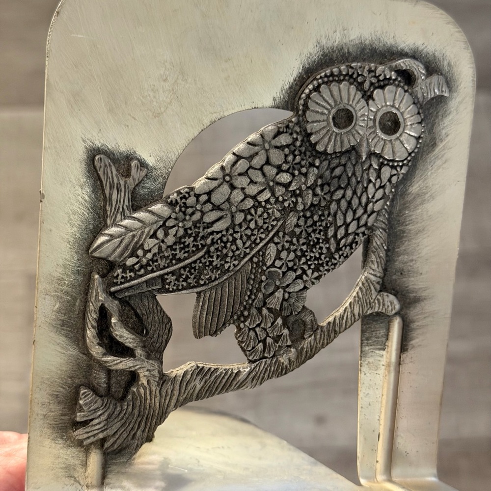 Vintage Silver Metal Owl Bookends Set of 2 Floral Folk Art Woodland Decor